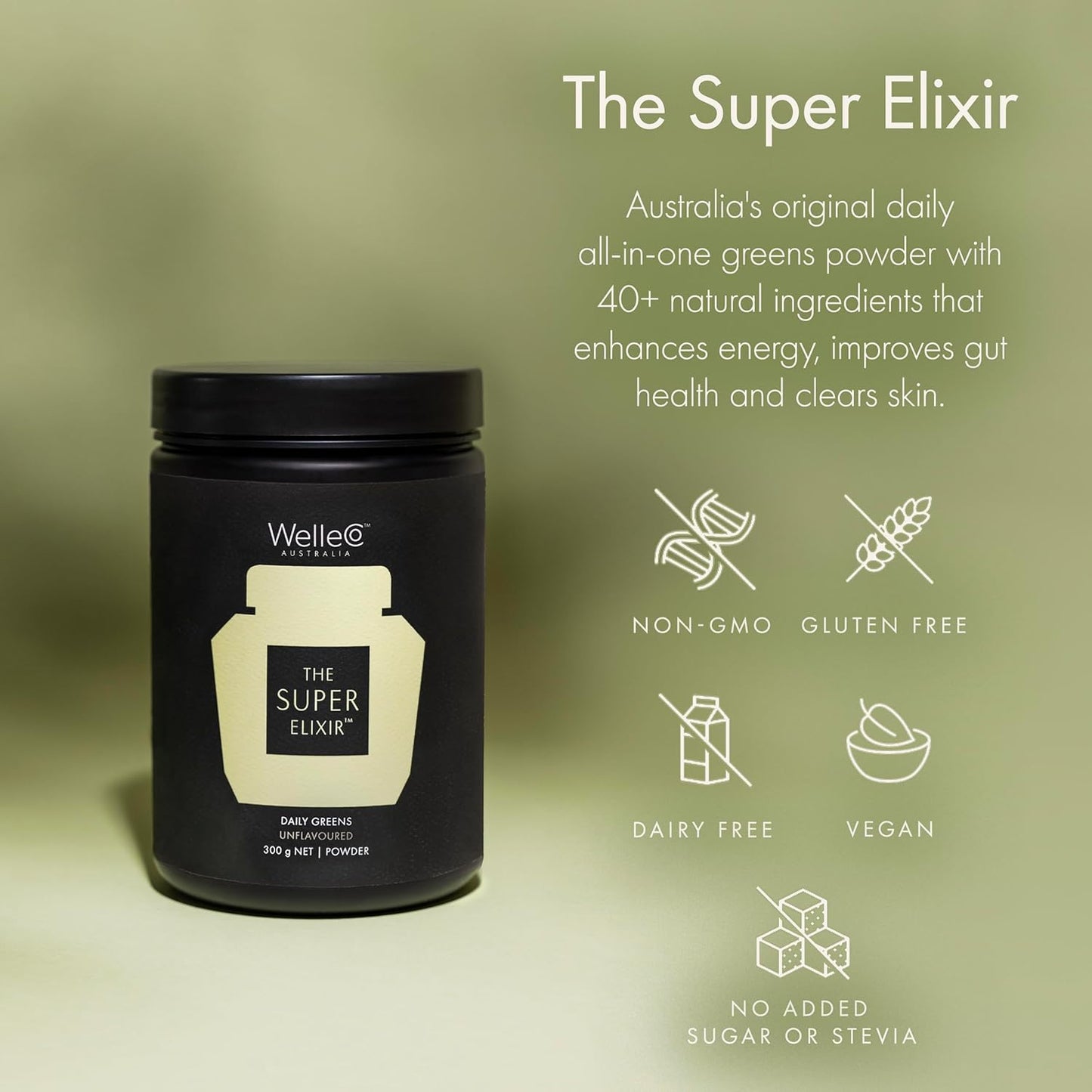 WelleCo The Super Elixir Daily Greens Powder, Probiotic Drink Mix with Whole Foods, Gluten Free, Vegan Gut Health Powder, Energy, Immunity, Healthy Skin, Hair & Nails (300g, Unflavored) Jar