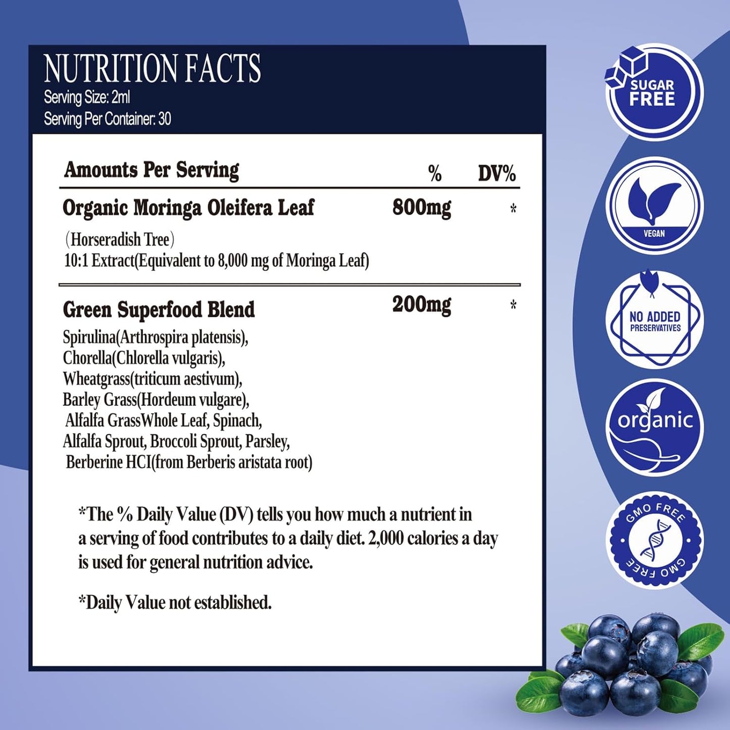 2 Pack Raw Moringa Liquid Drops 8000 mg, Organic Moringa Oleifera Leaf Extract w. Supergreens Wheatgrass, Barley Grass for Antioxidant, Energy & Immune, High Potency Than Capsules Powder