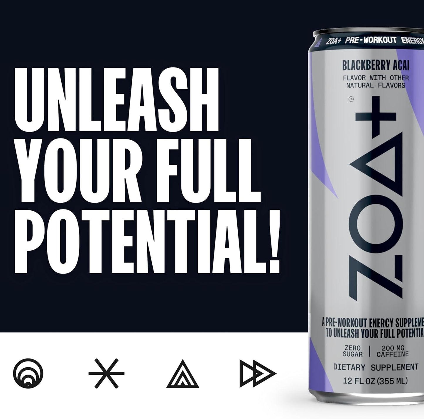 ZOA+ Pre-Workout Energy Drink Supplement - NSF Certified for Sport with Zero Sugar, Nitric Oxide Support, B & D Vitamins, Amino Acids, and Electrolytes (BlackBerry Acai)