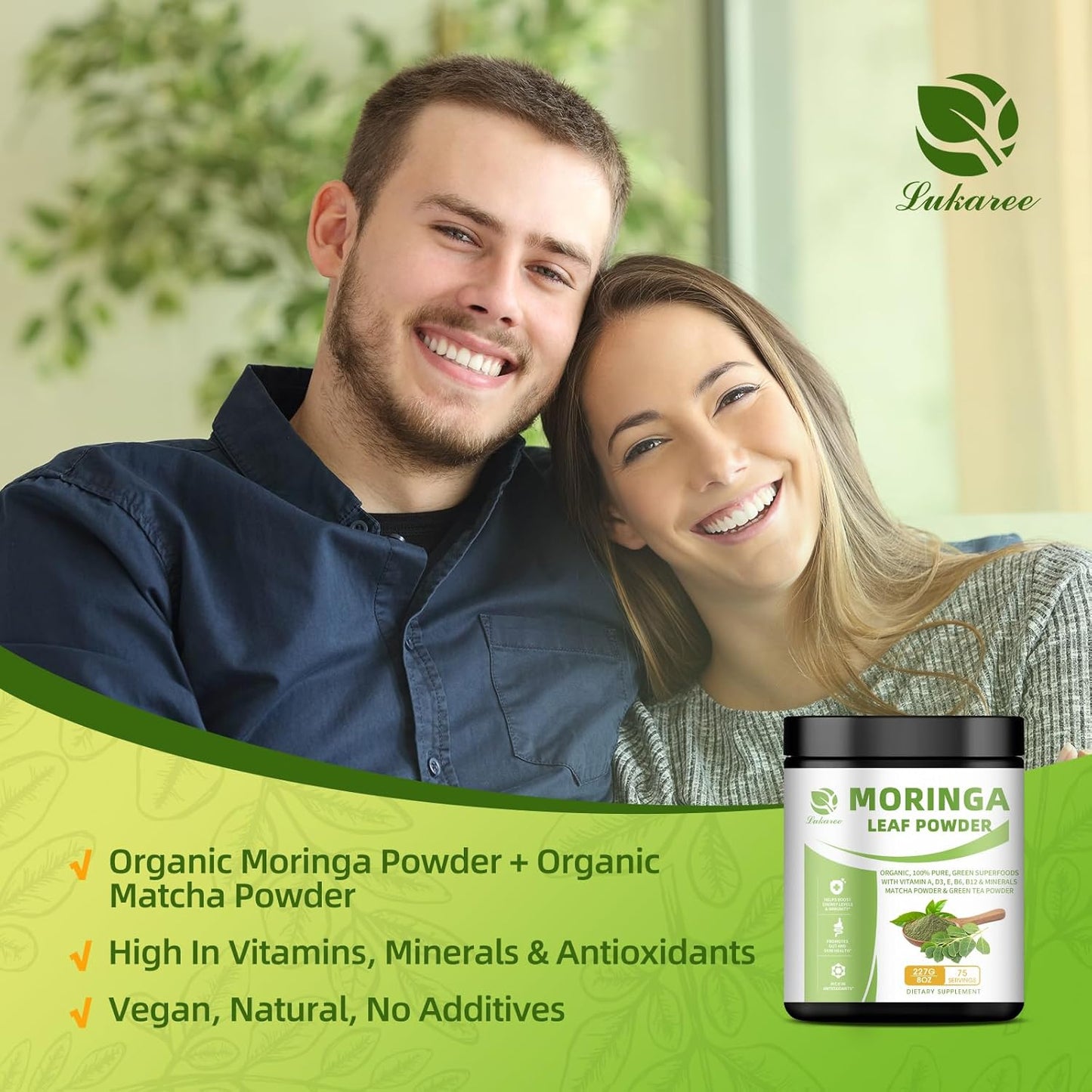 Organic Moringa Powder & Matcha Powder, Multi-Green Superfoods with Green Tea Resveratrol - Energy and Digestive Support, Rich in Antioxidants and Vitamin A D3 E B6 B12 Calcium, Non-GMO, Vegan, 16 oz