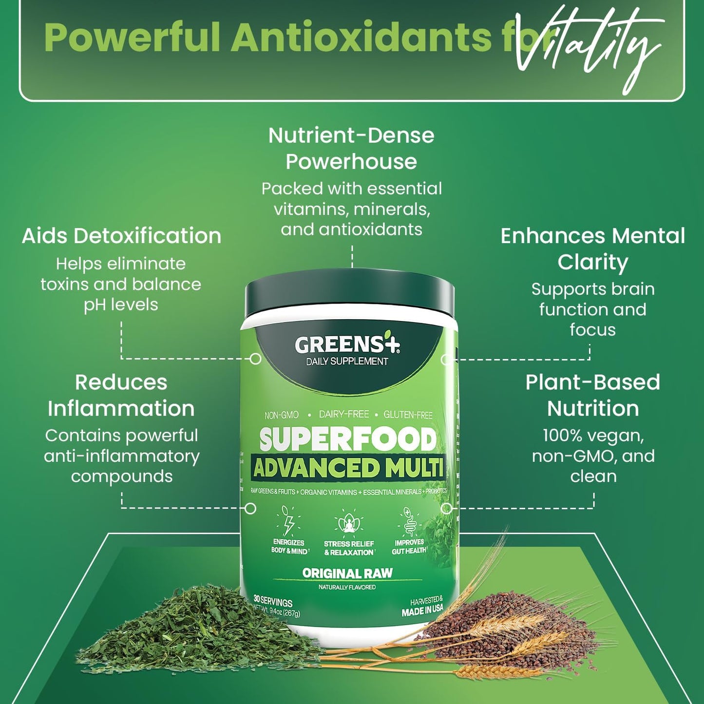 Greens+ Advanced Multi Raw Superfood | Essential Blend of Raw Foods, Superfruits and Sea Vegetables Powder | Vegan | Dietary Supplement | Non GMO, Soy Dairy & Gluten-Free | Size 9.4oz