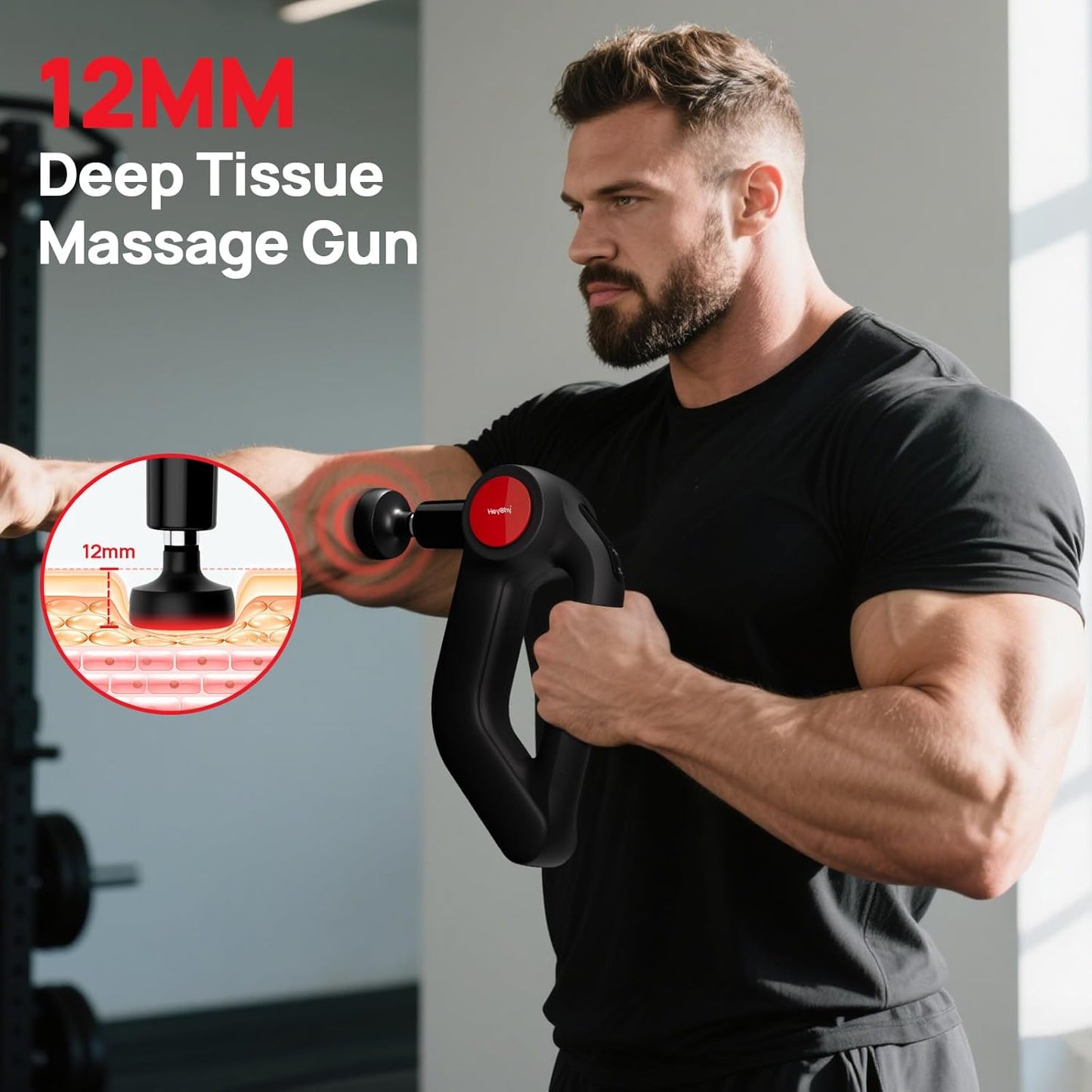 Deep Tissue Massage Gun with Heat, 12mm Amplitude Percussion Massager for Athletes & Muscle Relief, Professional Handheld Masssger Gun for Neck, Back, Shoulder, Leg, Gift for Men, Black