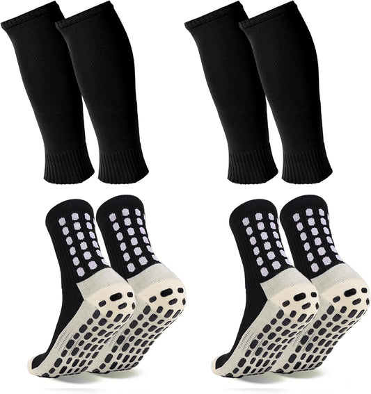 2 Set Grip Soccer Socks and Shin Guard Sleeves Non Slip Soccer Sleeve Socks for Men Women