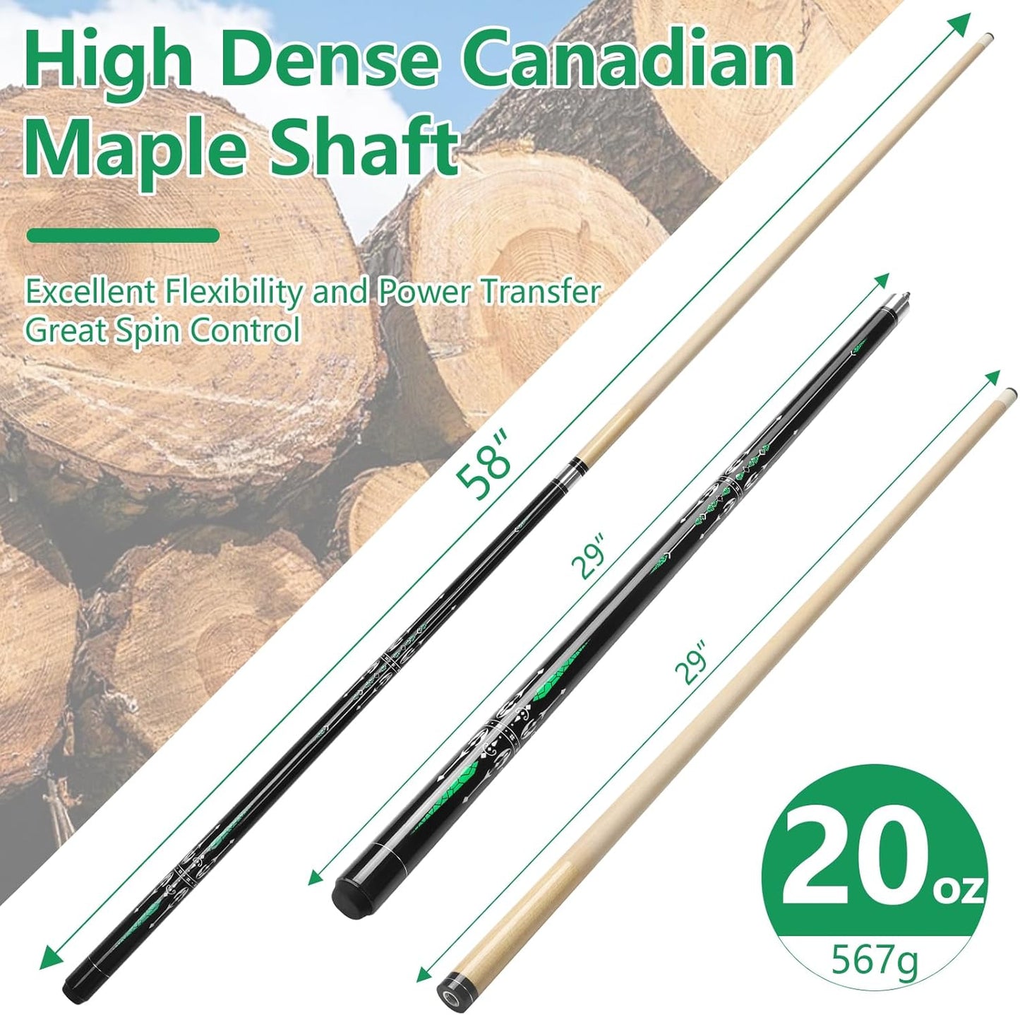 Pool Cue, 58" Billiard Cue Stick 2-Piece 13mm Maple Wood Pool Cue Stick 18 19 20 21oz for Bar House Pool Table Sports