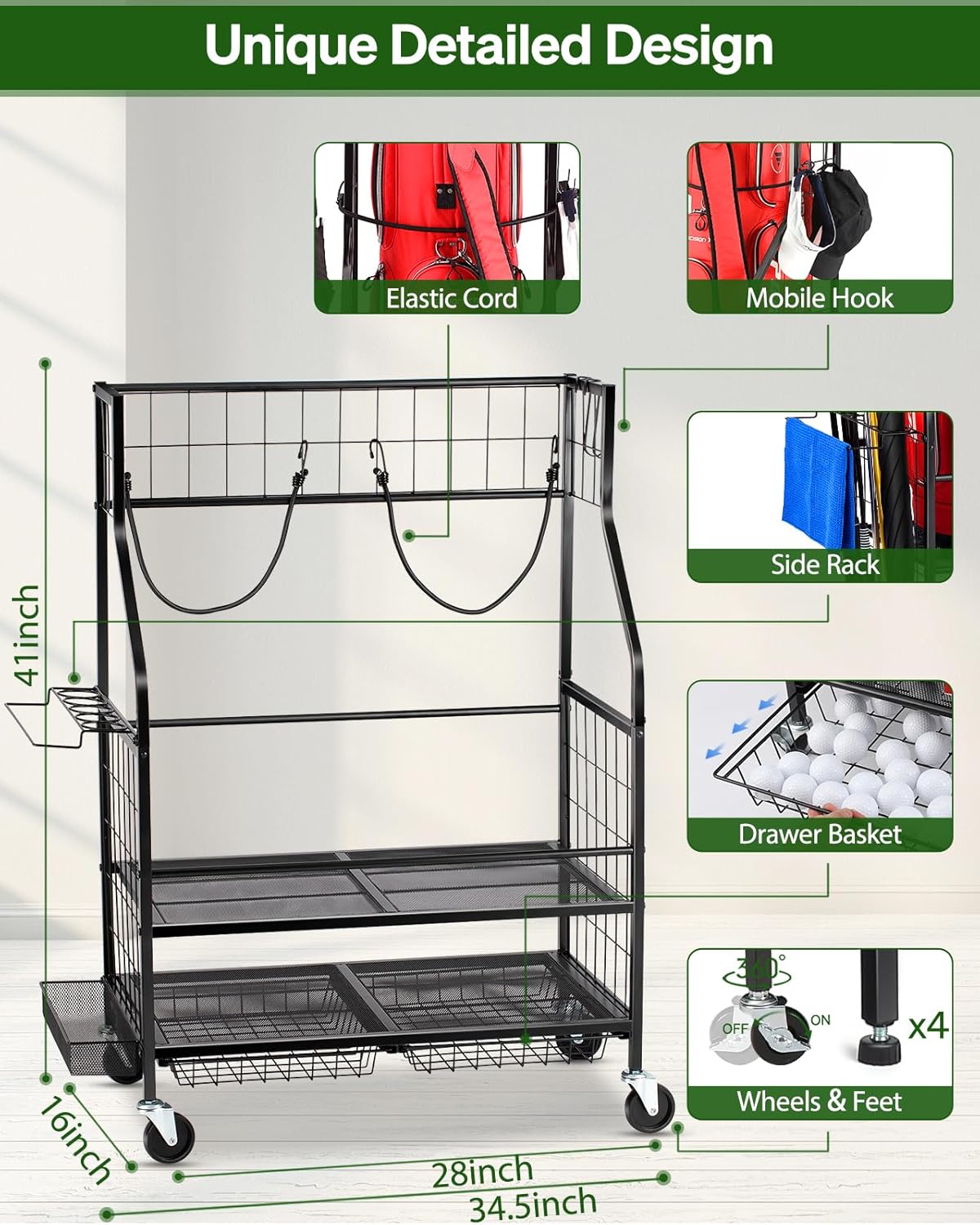 Golf Bag Storage Garage Organizer - Golf Bag Stand Fit for 2 Bag, Extra Clubs, Balls, Shoes, and Golf Equipment Accessories, Golf Storage Rack for Garage, Club, Shed