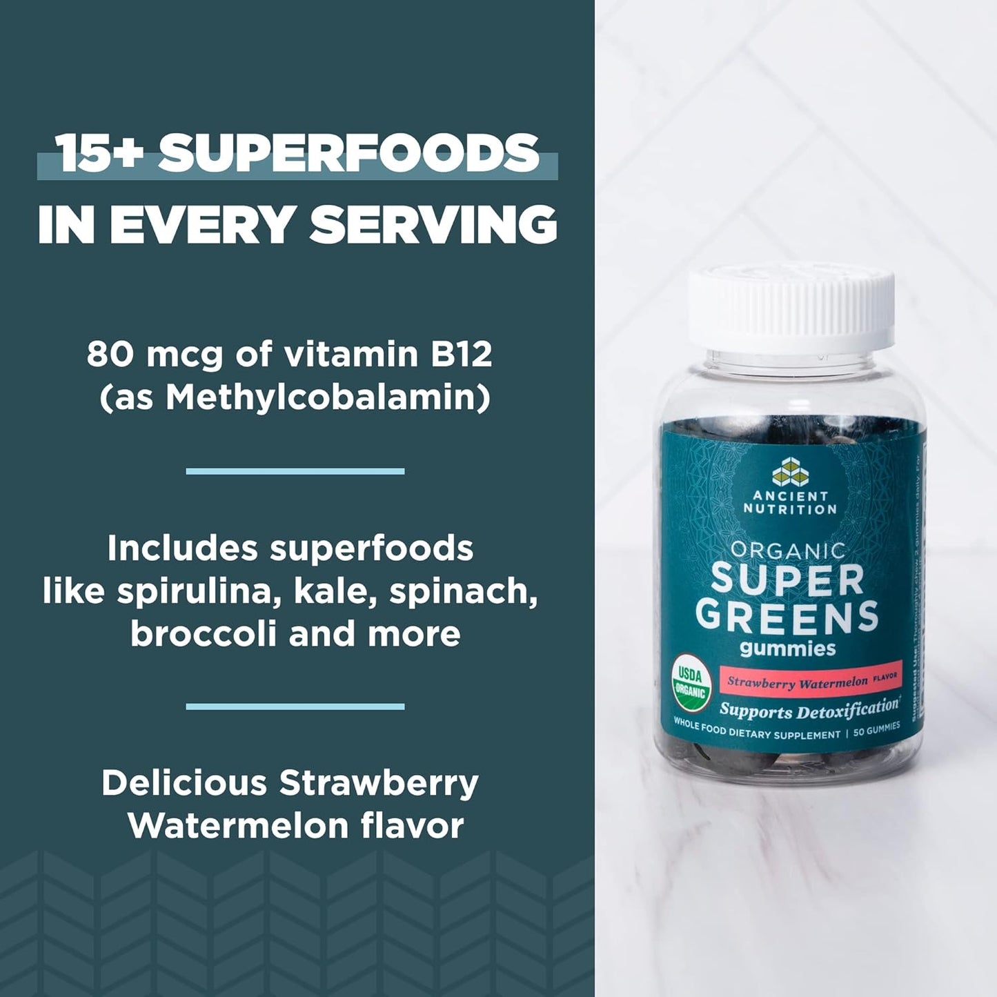 Ancient Nutrition Supergreens Gummy, Organic Superfood Gummy Made from Real Fruits, Vegetables and Herbs, for Digestive and Energy Support, 100 Count, Strawberry Watermelon
