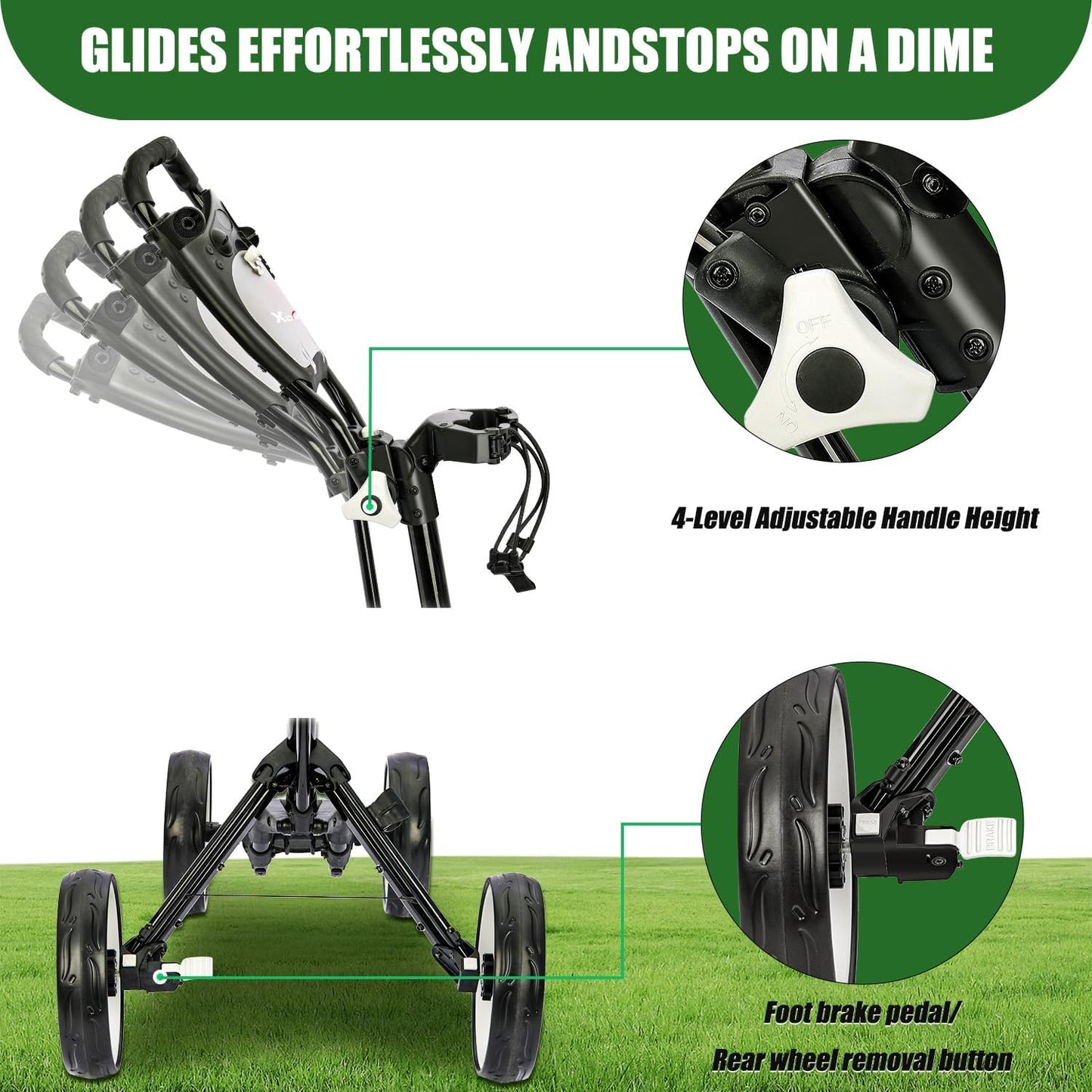 Golf Push Cart Series: 2-Wheel, 3-Wheel, 4-Wheel & 360° Swivel Front Wheel