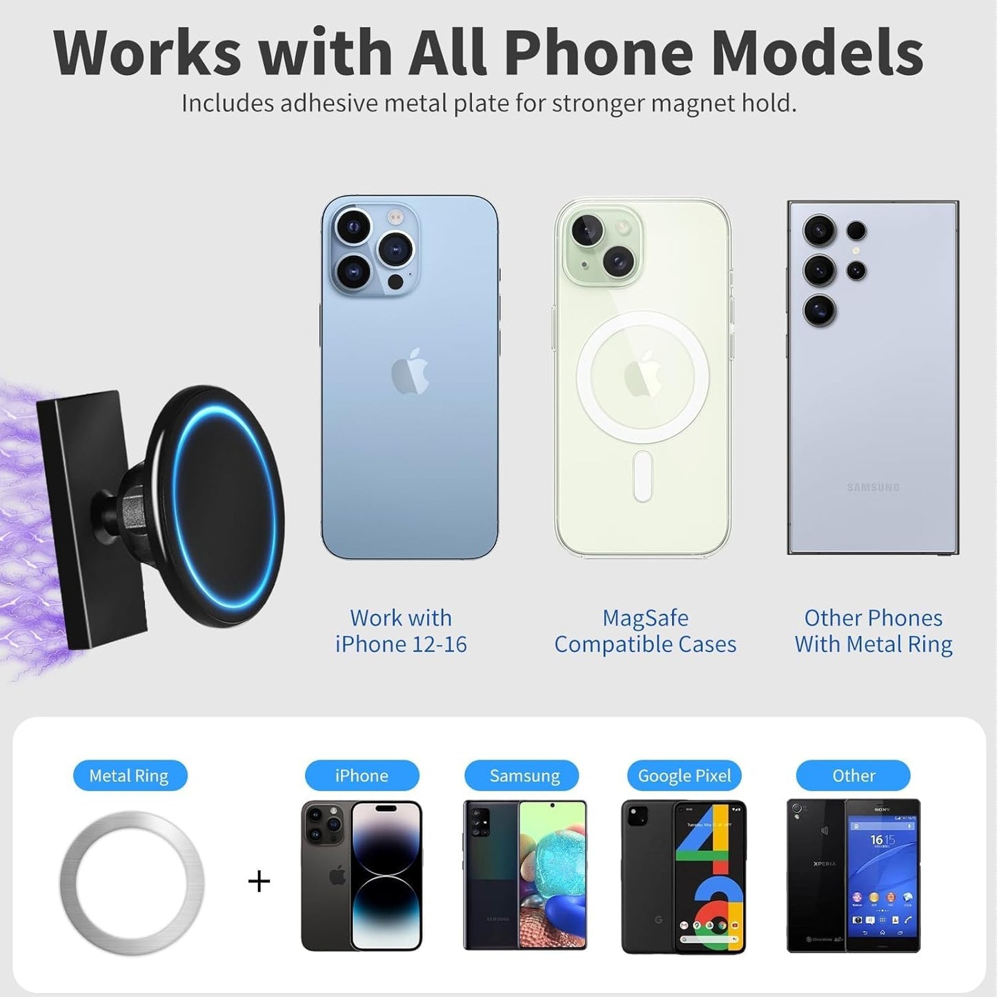 Magnetic Golf Cart Phone Holder Work with Magsafe iPhone 16-12 Series and All Phones, Fits Yamaha, EZGO, Club Car Golf Cart, Alloy Strong Magnetic Phone Mount for Gym, Kitchen, with Metal Ring