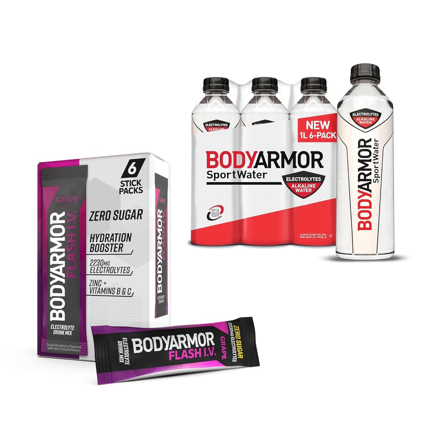 BODYARMOR Rapid Rehydration Bundle - Flash IV Electrolyte Packet + Sportwater Alkaline Water - Sport Drink Mix Combo