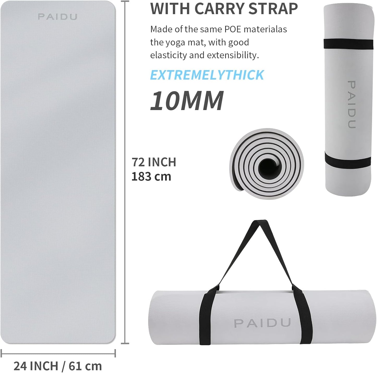 Yoga Mat Non Slip Anti-tear,extra thick-2/5 inch（10MM）High Resiliency Professional POE Yoga Mats for Women Men Kids,72"x24"inch,Workout, Yoga, Pilates and Floor Exercise, with Carrier Strap