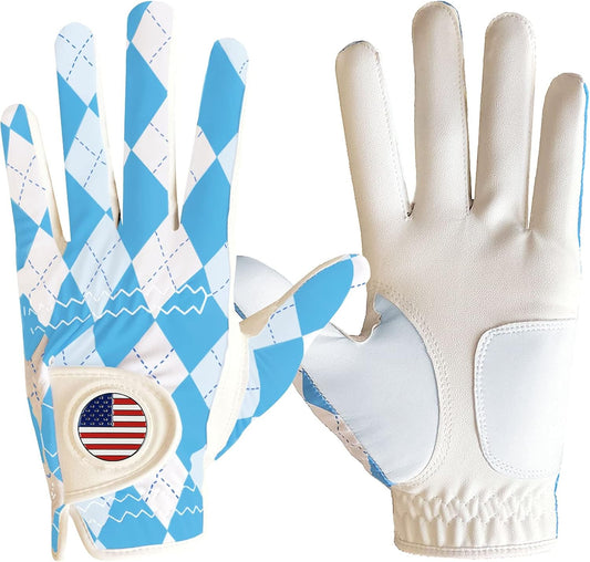 FINGER TEN Golf Gloves Men Left Hand Right with Ball Marker USA Flag Blue Camo Plaid Pack, Mens Leather Golf Glove All Weather Grip Small Medium ML Large XL