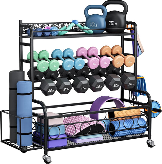 Dumbbell Rack, VOPEAK Weight Rack for Home Gym, Home Gym Storage Rack for Yoga Mat Kettlebells and Strength Training Equipment, Weight Storage Rack for Dumbbells with Wheels