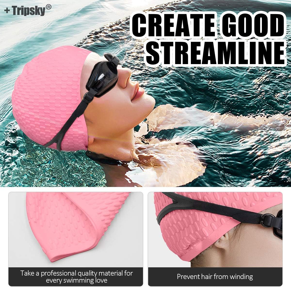 Tripsky Silicone Swim Cap,Comfortable Bathing Cap Ideal for Curly Short Medium Long Hair, Swimming Cap for Women and Men, Shower Caps Keep Hairstyle Unchanged…