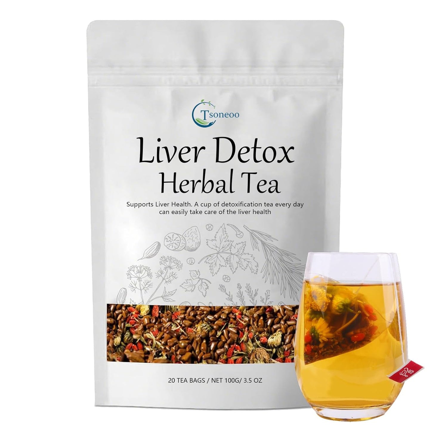 Liver Detox Herbal Tea | 20 Tea Bag，aids digestion，Caffeine-free, nine natural ingredients including milk thistle, chrysanthemum, cassia seed, etc. (1pc)