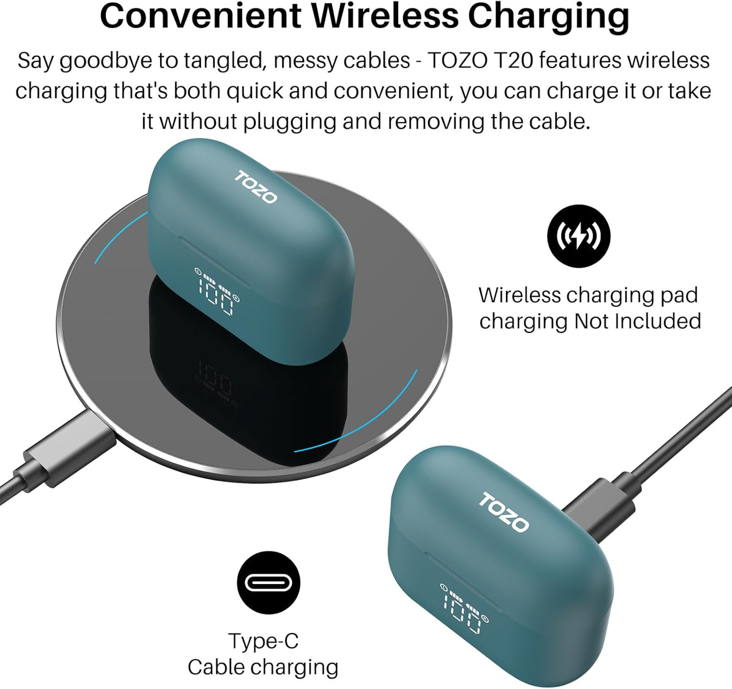 TOZO T20 Wireless Earbuds Bluetooth Headphones 48.5 Hrs Playtime with LED Digital Display, IPX8 Waterproof, Dual Mic Call Noise Cancelling 10mm Broad Range Speakers with Wireless Charging Case Green