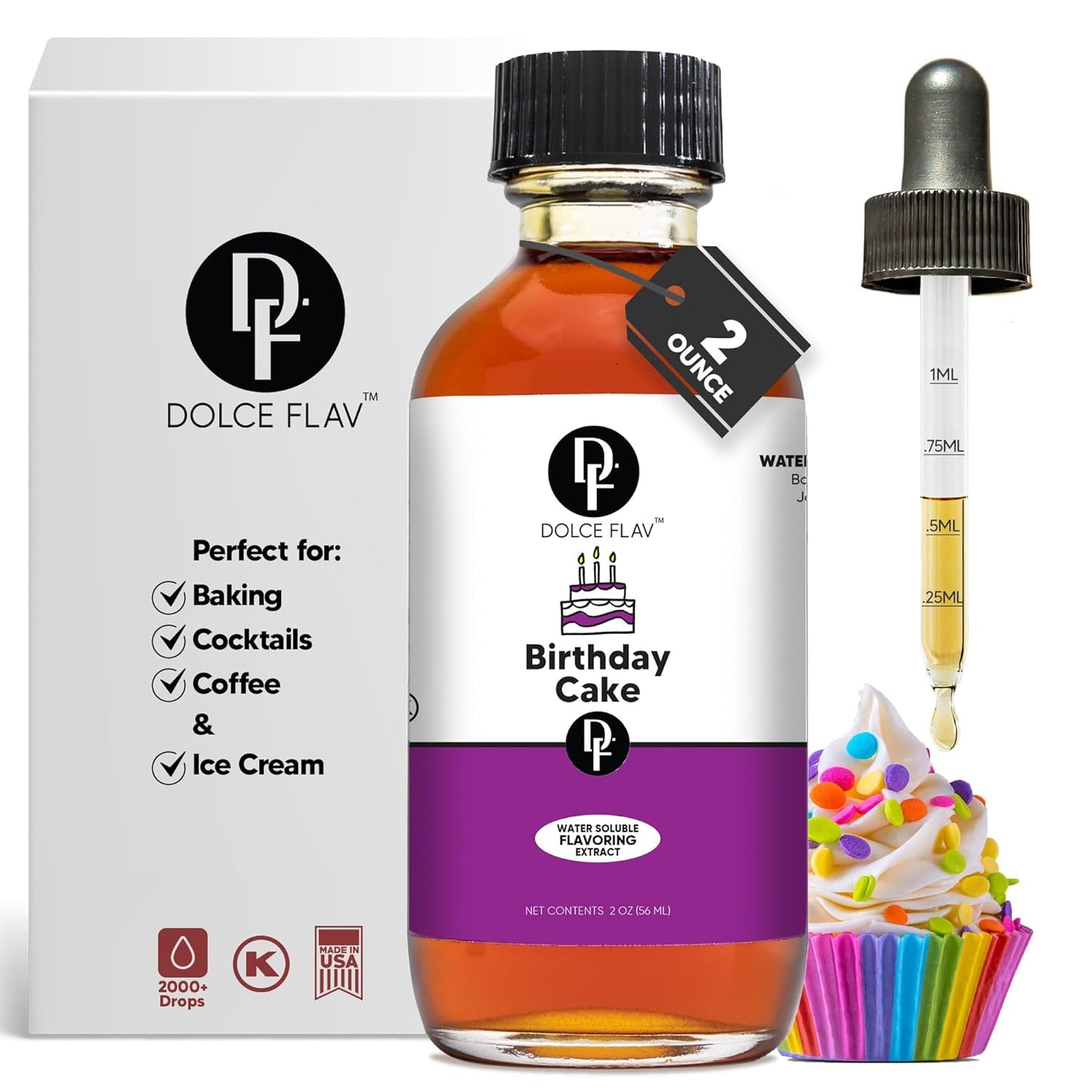 Dolce Flav Birthday Cake Extract – 2 Ounce Water-Soluble Kosher, Sugar-Free, Concentrated Festive Cake Flavoring for Frostings, Cupcakes & Desserts, Includes Measured Dropper