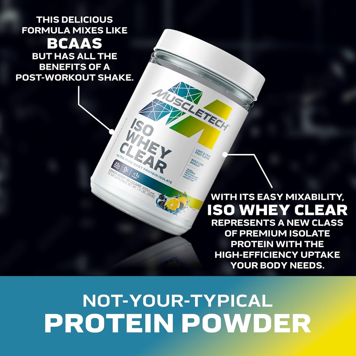 MuscleTech Whey Protein Powder Clear Whey Protein Isolate Whey Isolate Protein Powder for Women & Men Clear Protein Drink 22g of Protein, 90 Calories Lemon Berry Blizzard, 1.1lb(19 Servings)