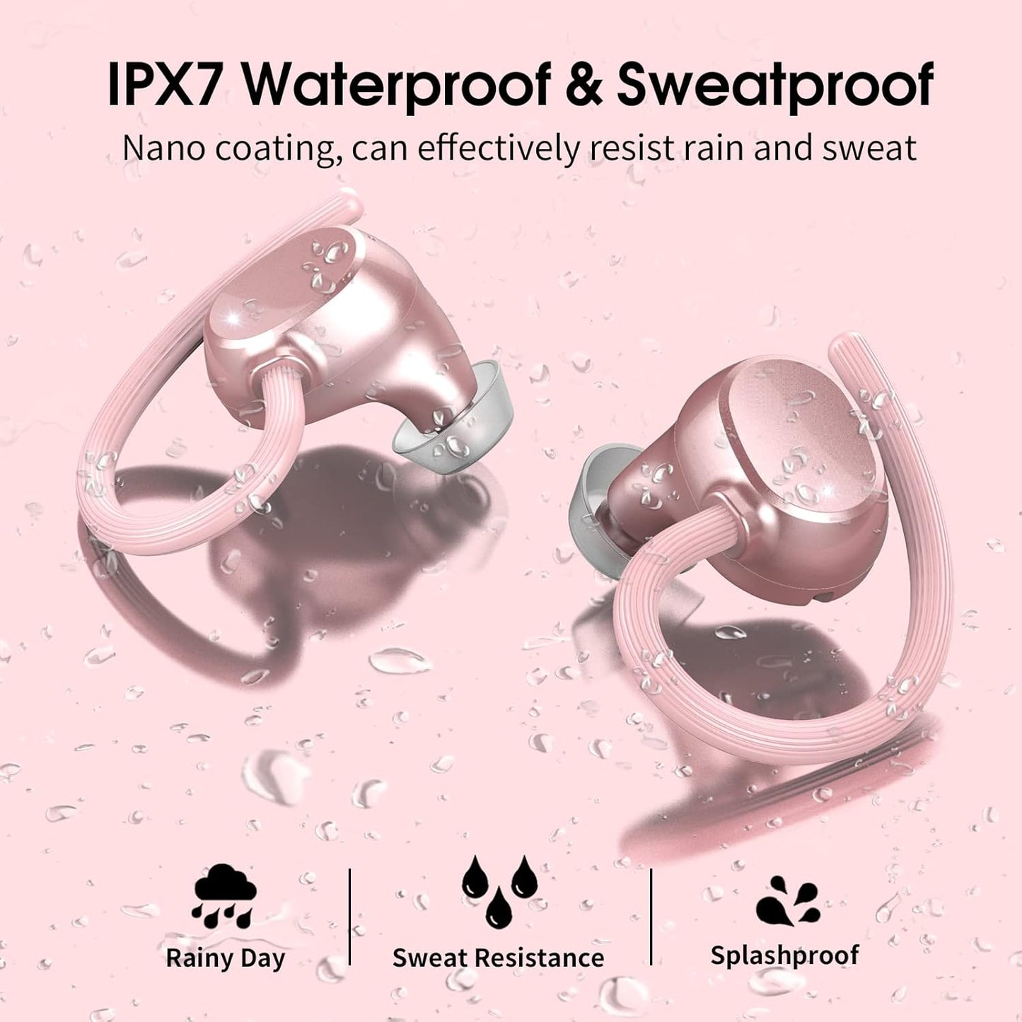 Wireless Earbuds, HiFi Stereo Sport Bluetooth 5.3 Headphones with Earhooks, 48H Deep Bass Headphones with LED Display, Noise Cancelling, IP7 Waterproof Earphones Built-in Mic for Running
