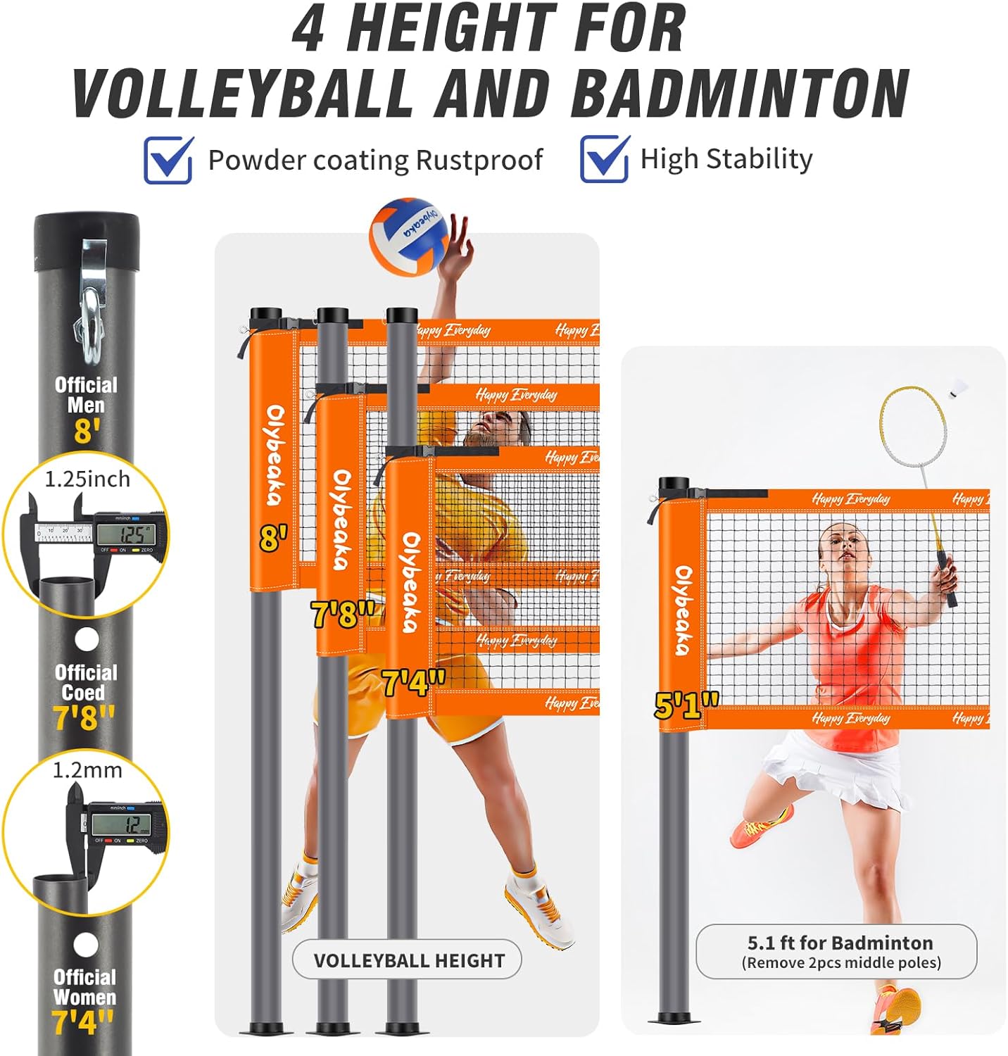 Outdoor Volleyball Badminton Combo Set with Net, Anti-Sagging Design, 4 Badminton Rackets, 3 Birdies and PU Volleyball for Backyard Lawn Beach