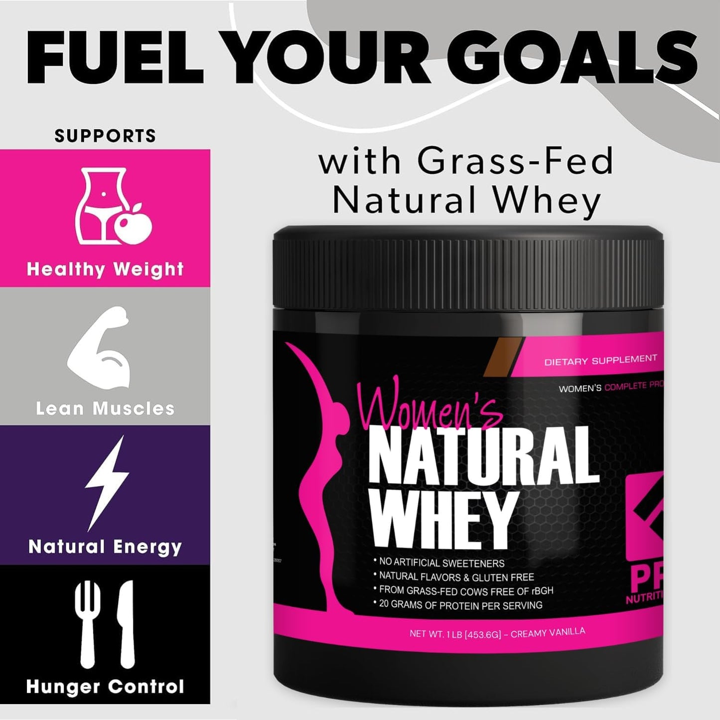 Whey Protein Powder for Women Vanilla Powder - Low Carb Gluten-Free Grass-Fed rBGH-Free - Supports Weight Loss - Natural Stevia Sweetened Protein Shake, 20g (Creamy Vanilla, 1lb)