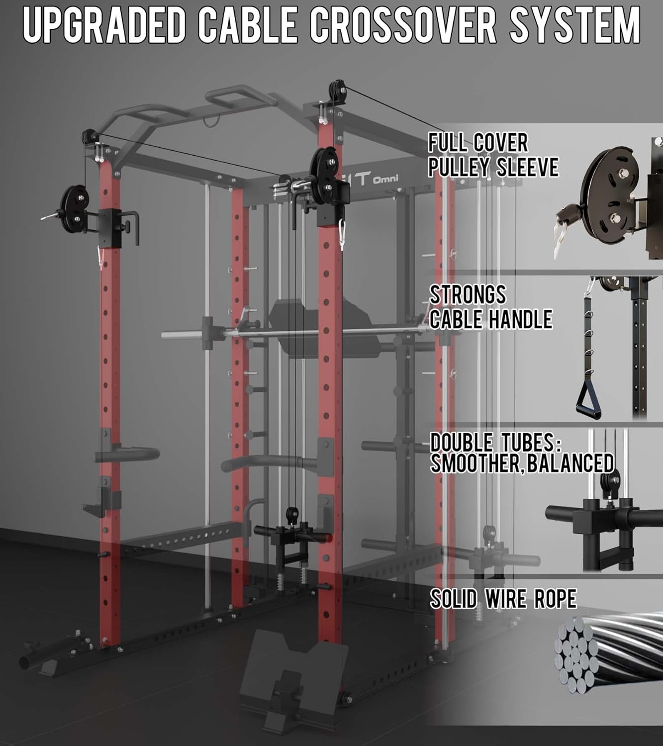 Eonfit E5 Smith Machine with Vertical Leg Press, Power Cage Squat Rack with LAT-Pull Down Cable Crossover Rotating Arms System Home Gym Equipment All in One (E5 RED)