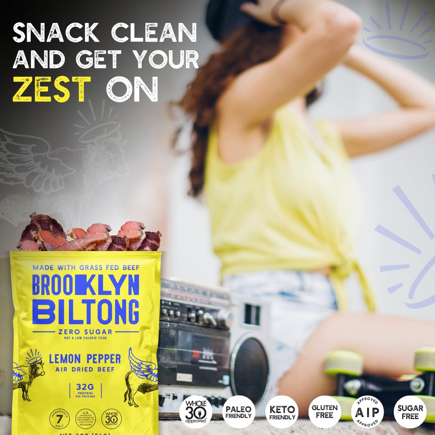 Brooklyn Biltong Air Dried Grass Fed Beef Snack, South African Beef Jerky (2 oz, Pack of 2) - Whole30 Approved, Paleo, Keto, Gluten Free, Sugar Free, Made in USA - (Lemon Pepper)