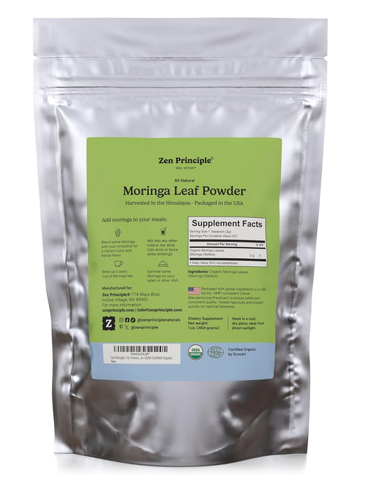 Zen Principle 1 lb. Premium Organic Moringa Oleifera Leaf Powder. USDA Certified Organic.