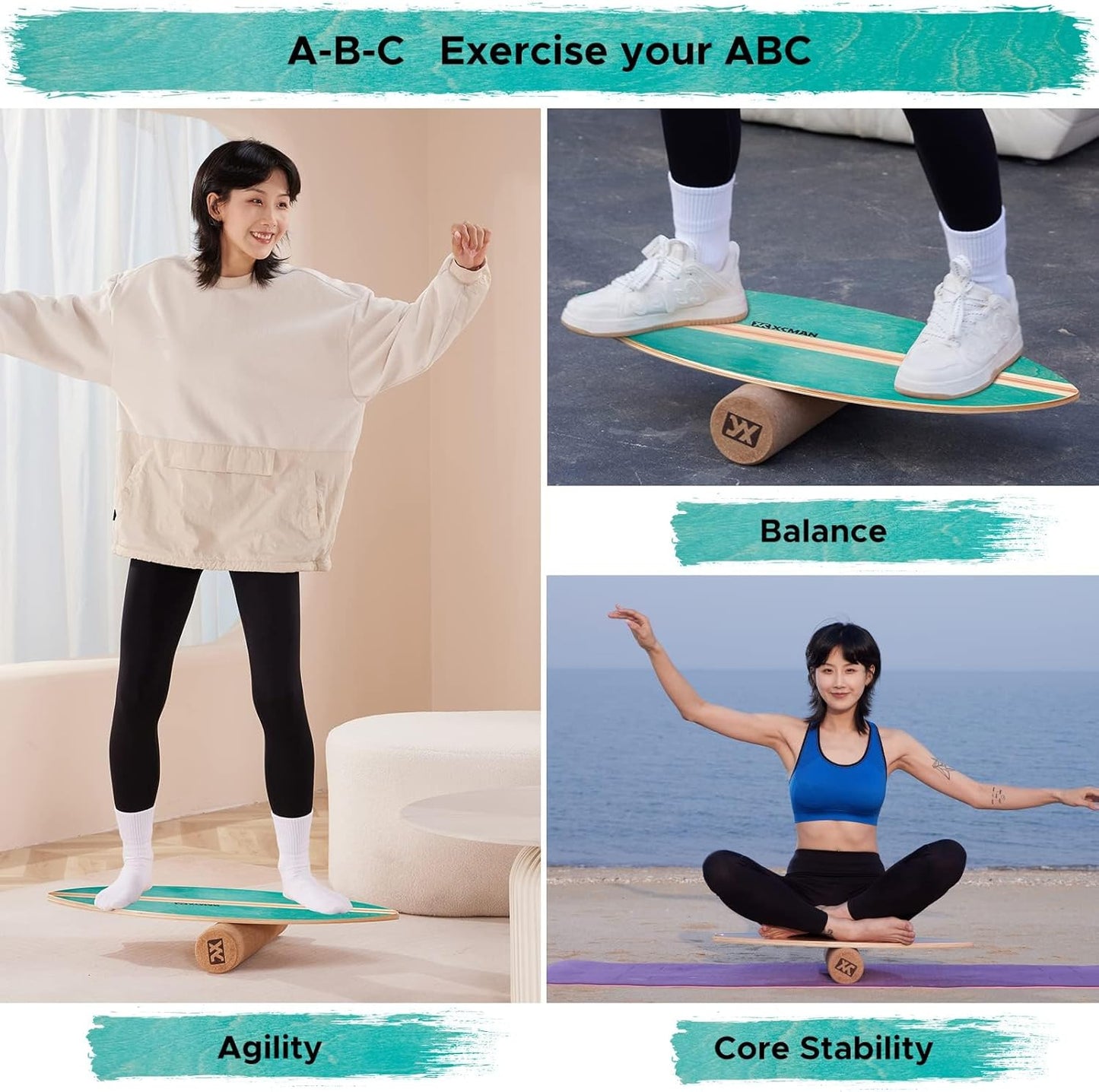 XCMAN Surf Balance Board Trainer with Roller Wooden Exercise Balancing Stability Trainer - Non Slip Surface for Adults Kids|Balance Board for Surfing,Snowboarding,Skateboarding,Hockey,Yoga Training