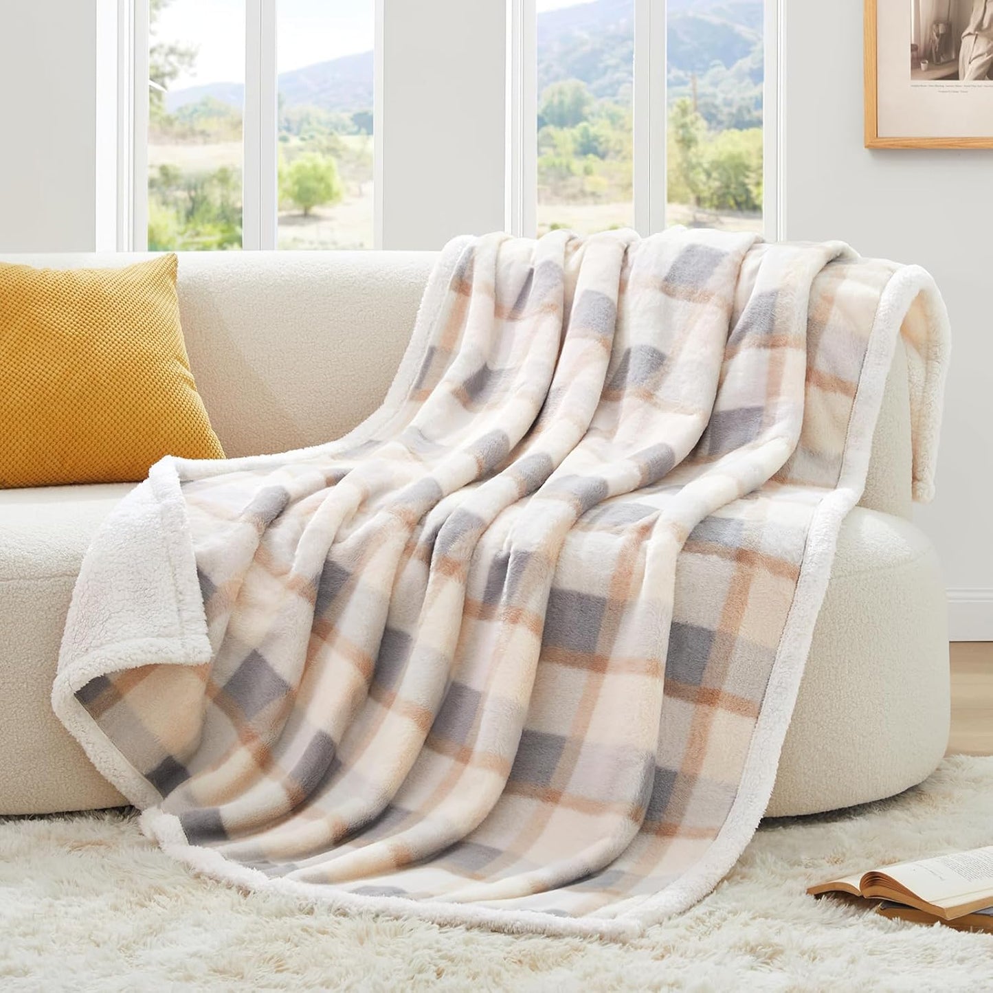 PU MEI Super Soft Faux Rabbit Fur Sherpa Fleece Throw Blanket, Reversible Luxury Cozy Cute Furry Blanket, Plush Warm Shaggy Fluffy Checkered Blankets for Sofa Couch Bed (Grey-Plaid, 80" x 90")