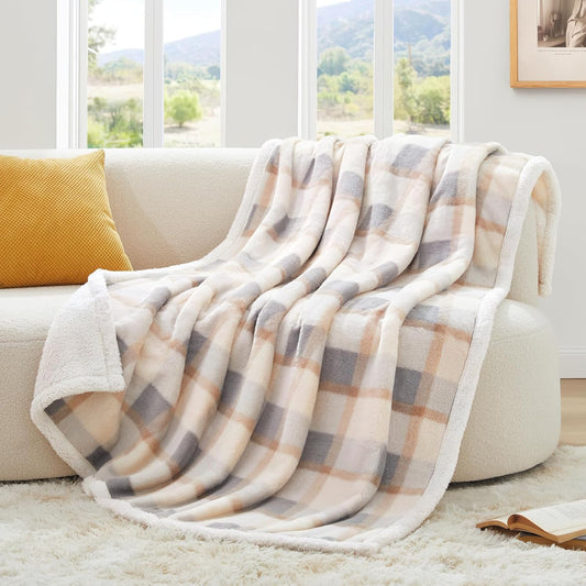 PU MEI Super Soft Faux Rabbit Fur Sherpa Fleece Throw Blanket, Reversible Luxury Cozy Cute Furry Blanket, Plush Warm Shaggy Fluffy Checkered Blankets for Sofa Couch Bed (Grey-Plaid, 80" x 90")