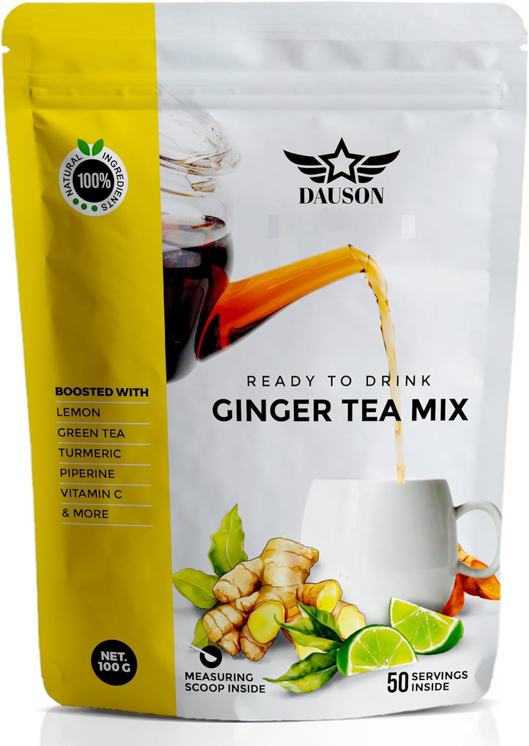 Ginger Tea Mix – 50 Servings | Instant Powder with Lemon, Turmeric, Licorice & Vitamin C | Caffeine-Free Herbal Blend with Green Tea Extract & Black Pepper | Natural Detox & Immune Support