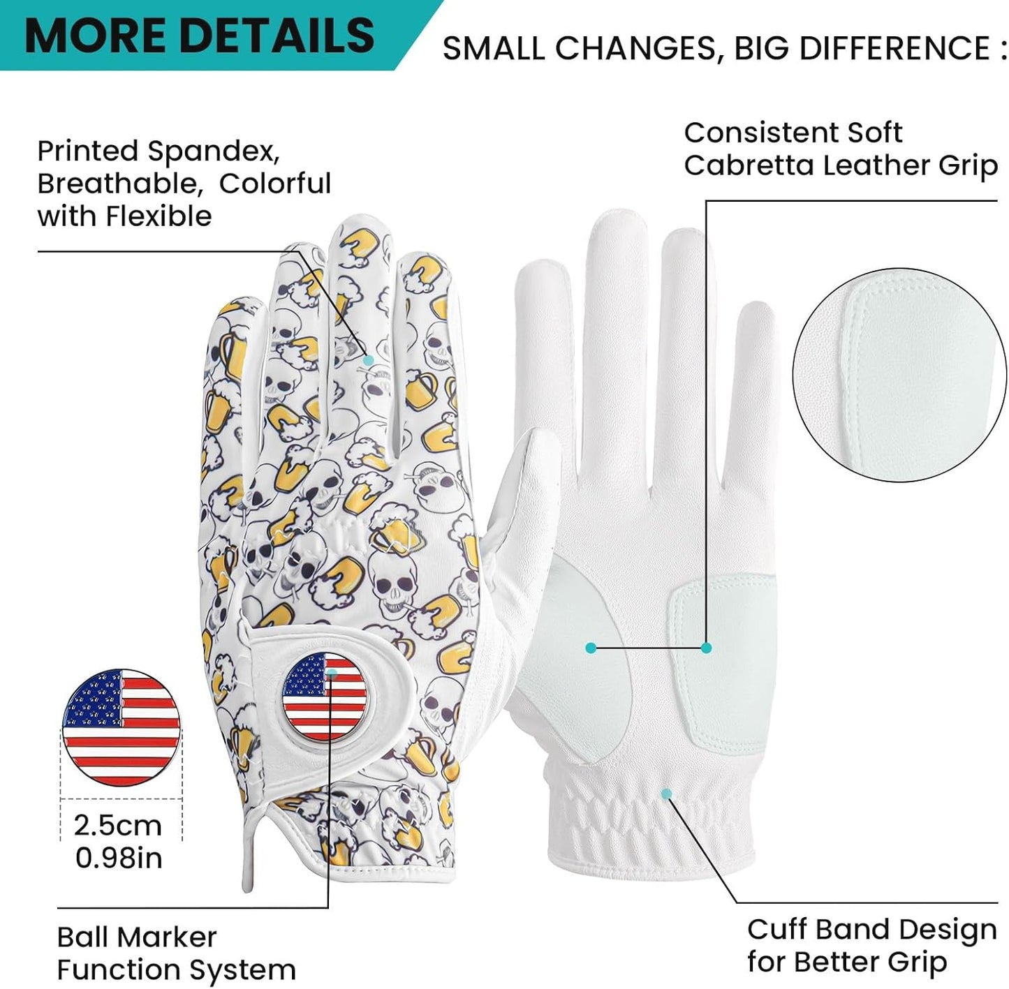 FINGER TEN Golf Gloves Men Right Handed Golfer Left Hand with Ball Marker 2 Pack Leather Breathable Comfortable Weathersof Grip Size Small Medium ML Large XL