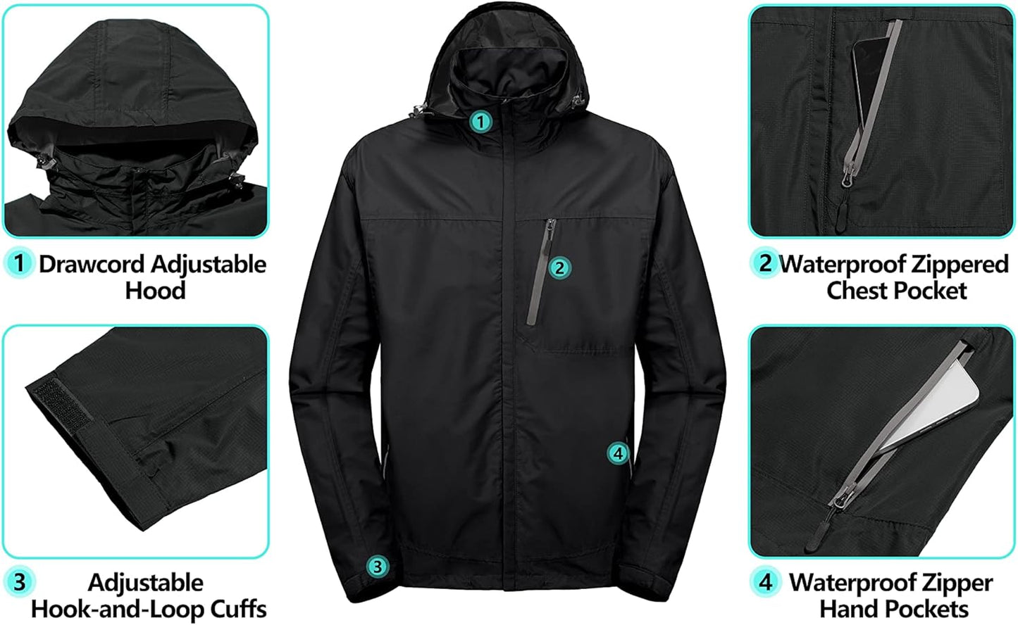 Little Donkey Andy Men's Waterproof Rain Jacket Outdoor Lightweight Hooded Raincoat for Hiking Golf Travel Fishing