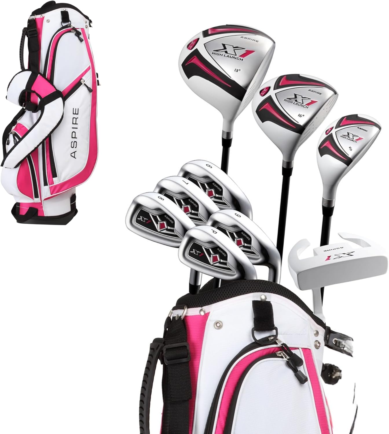 Aspire X1 Women’s Golf Clubs Set – 15 Piece Golf Club Package with Titanium Alloy Driver, Fairway Wood, 6pw Irons, Putter, Lightweight Stand Bag & Headcovers – Right Handed Petite & Regular Sizes