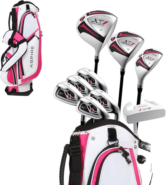 Aspire X1 Women’s Golf Clubs Set – 15 Piece Golf Club Package with Titanium Alloy Driver, Fairway Wood, 6pw Irons, Putter, Lightweight Stand Bag & Headcovers – Right Handed Petite & Regular Sizes