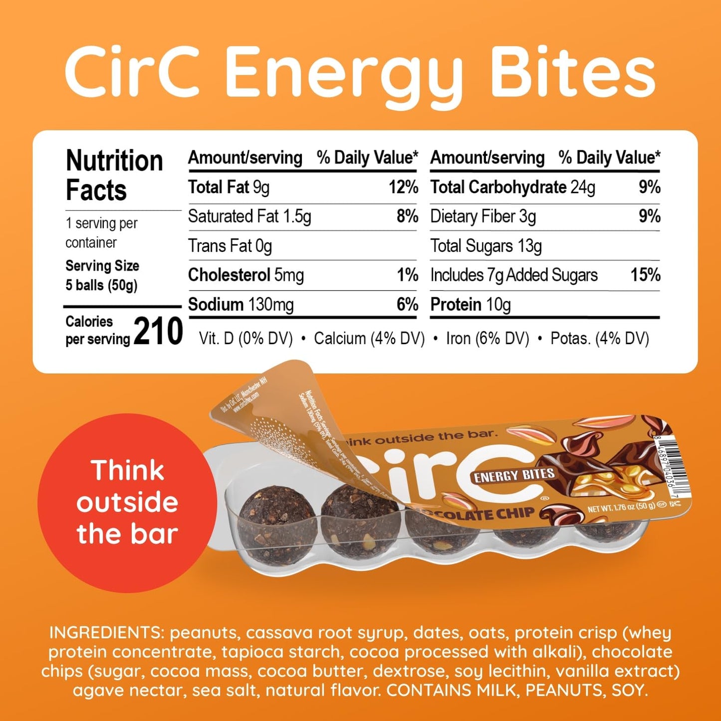 CirC Energy Bites - 12 Pack Caramel Chocolate Chip Gluten Free Protein Balls - 10g Protein, Whole Grains, Nuts & Fruit - Portable Healthy Snacks for Adults & Kids, 5 Piece Resealable Packs