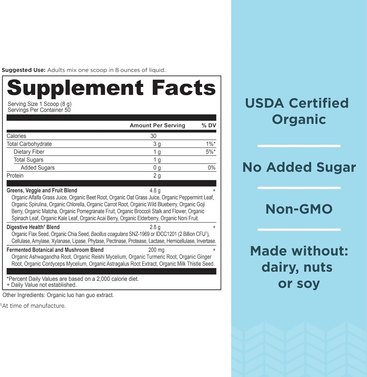 Ancient Nutrition Super Greens Powder, Organic Superfood Powder with Probiotics Made with Spirulina, Chlorella, Matcha, and Digestive Enzymes, 50 Servings, 14.1 oz