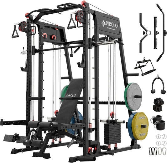 Mikolo Smith Machine, 2200lbs Squat Rack with LAT-Pull Down System & Cable Crossover Machine, Training Equipment with Leg Hold-Down Attachment