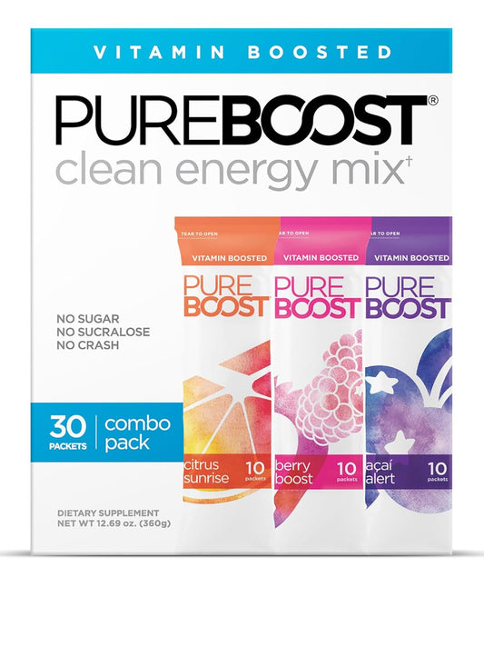 Pureboost Clean Energy Booster, Refreshing Energy Drink Mix with B12 Vitamins, Electrolytes, Antioxidants, Sugar-Free with No Sucralose (Combo Pack, 30 Count)