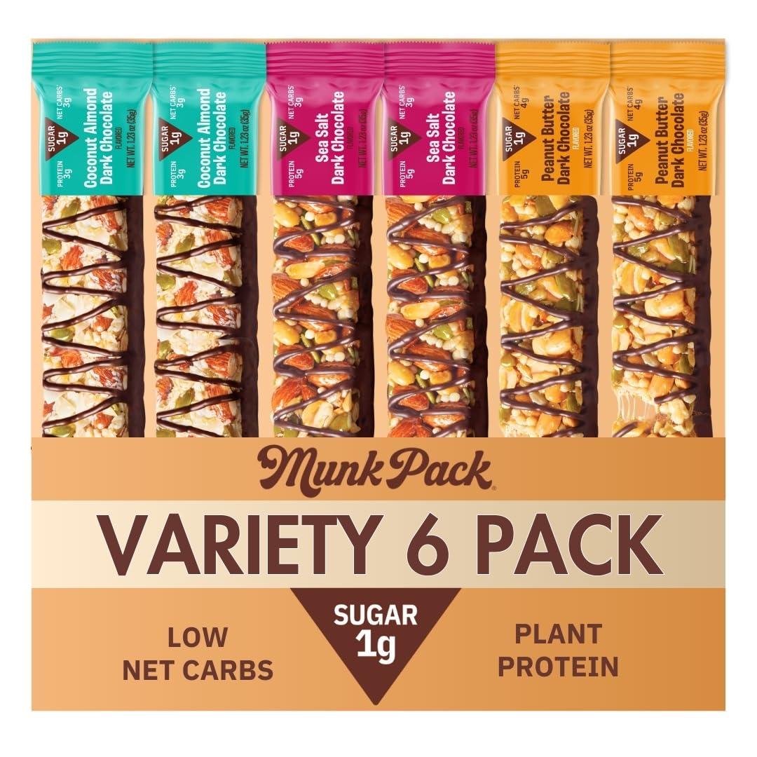 Munk Pack Variety Pack Snack Bars - 5g Protein, 1g Sugar, 5g Protein, Keto and Gluten Free Snack for Adults and Kids, Coconut Almond, Dark Chocolate Sea Salt, Peanut Butter Dark Chocolate, 6 Pack