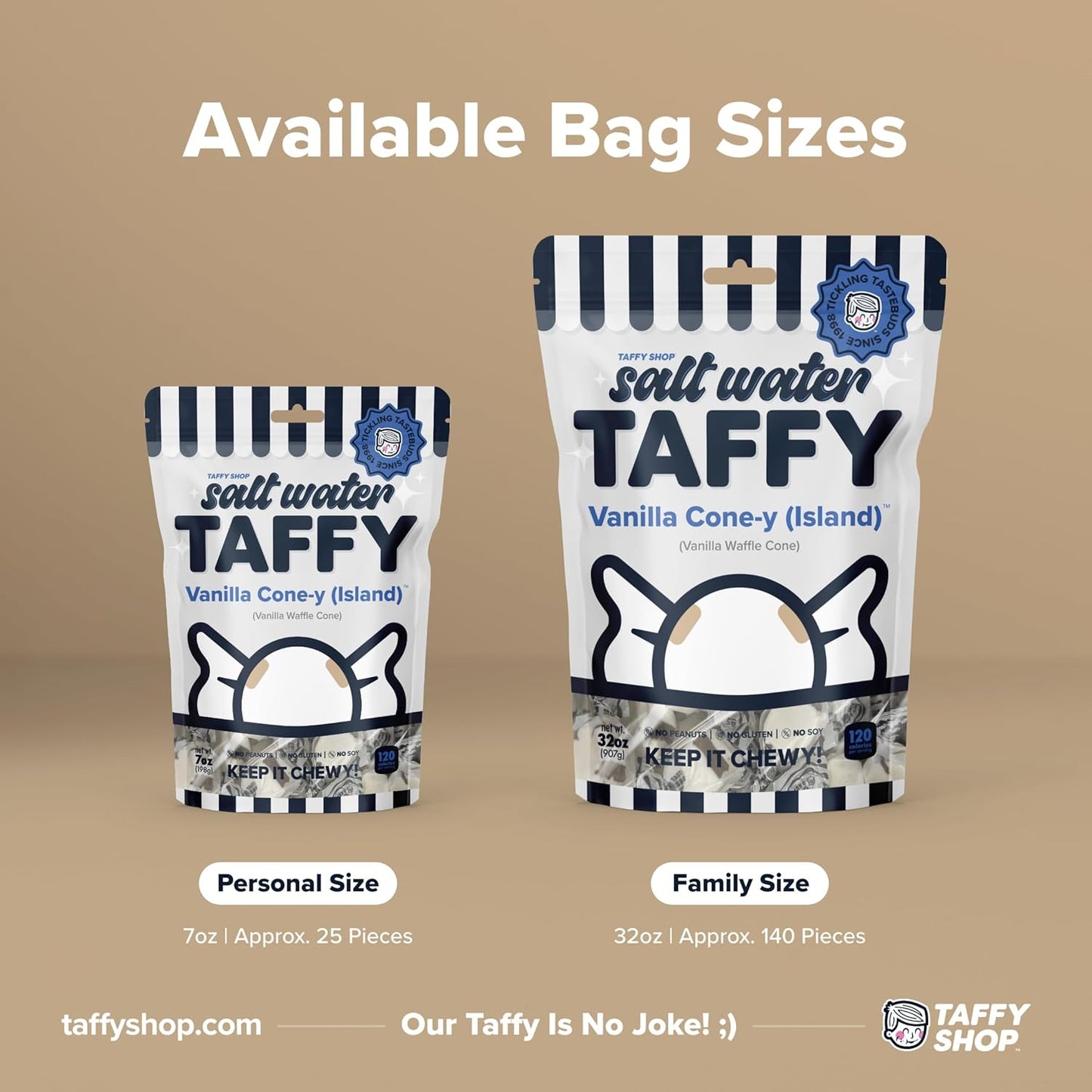 Taffy Shop Vanilla Cone-y (Island), Vanilla Salt Water Taffy – Gourmet Soft Chewy Candy, Bulk Sweet Snack, Fresh Gift & Gluten-Free, 140 Individually Wrapped Pieces (32oz)