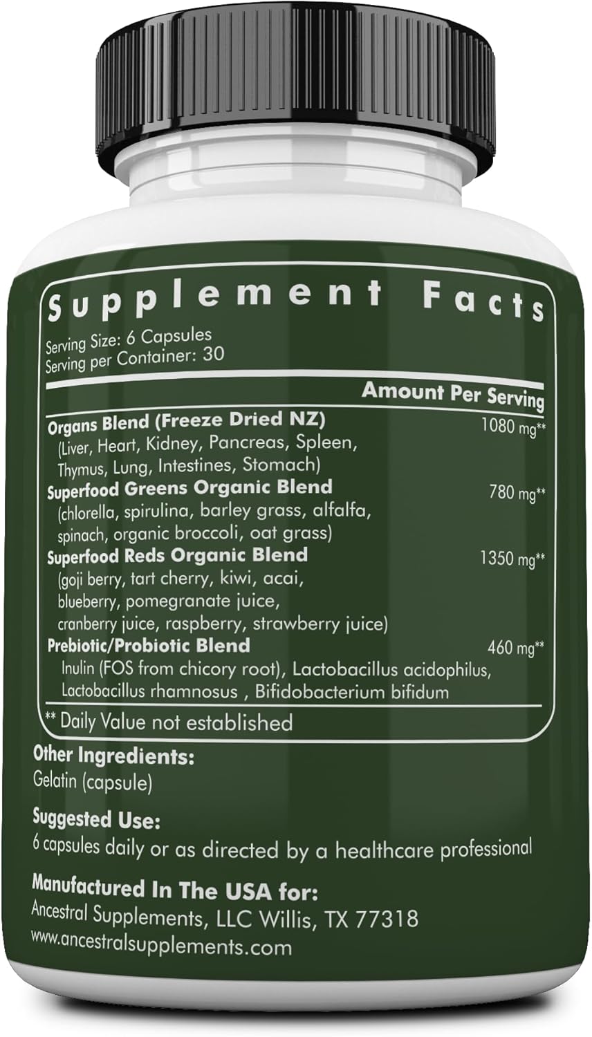 Ancestral Supplements Greens Powder Capsules, Organic Superfood Greens & Reds Blend with Spirulina, Chlorella, Grass Fed Beef Organs, and Probiotics for Gut Health, Non GMO, 612mg Each, 180 Count