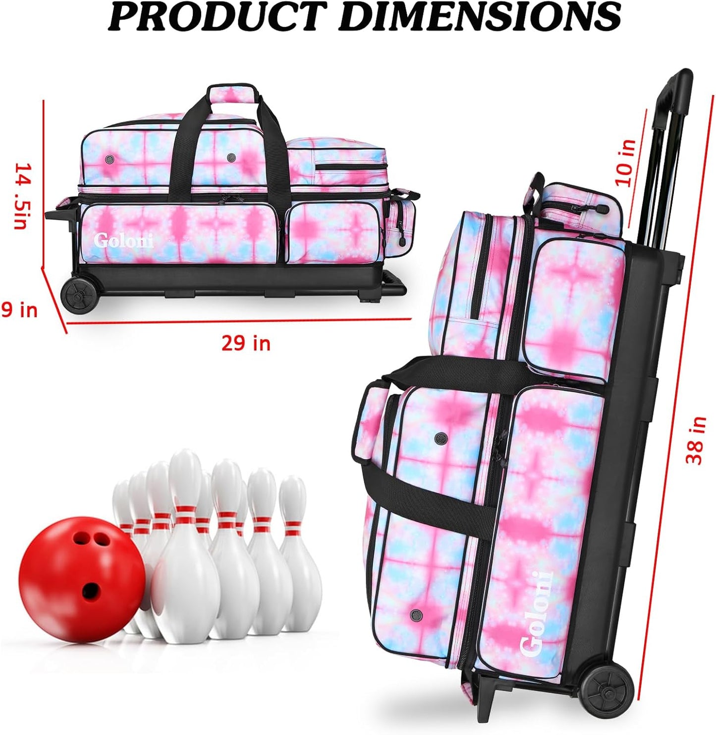 Goloni 3 Ball Bowling Bags with Wheels - Rolling Bowling Bag for 3 Balls & Accessories - Retractable Handle Extends to 38