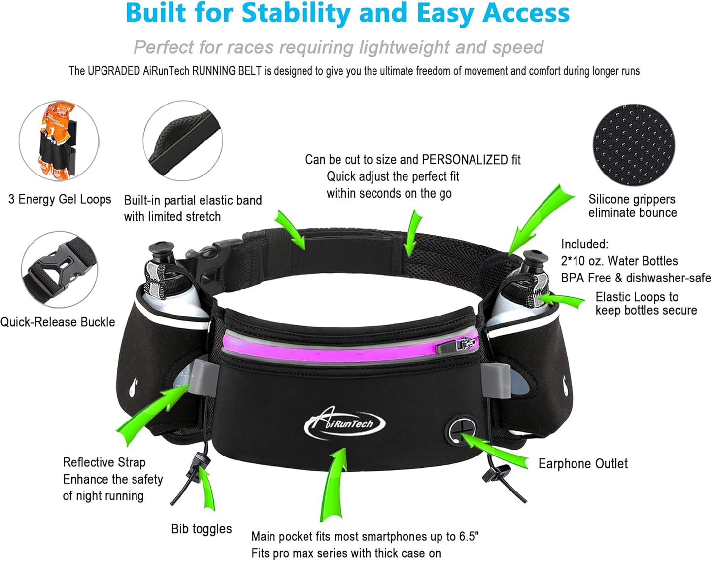 AiRunTech Hydration Running Belt with Water Bottle, Running Fanny Pack for Phone and Wallet Holder, Running Bag Runners Essentials Accessories Marathon Triathlon Walking Jogging Gear Gift