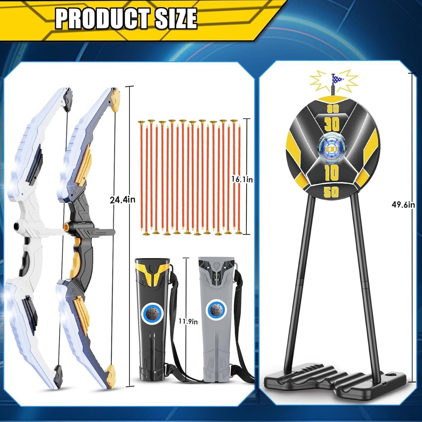 TIGTECGAME 2 Pack Bow and Arrow for Kids, LED Light Up Archery Set with 20 Suction Cup Arrows, 1 Standing Target with Flag Score, Indoor Outdoor Play Sport Toys Gifts for Kids, Boys & Girls Ages 3-12