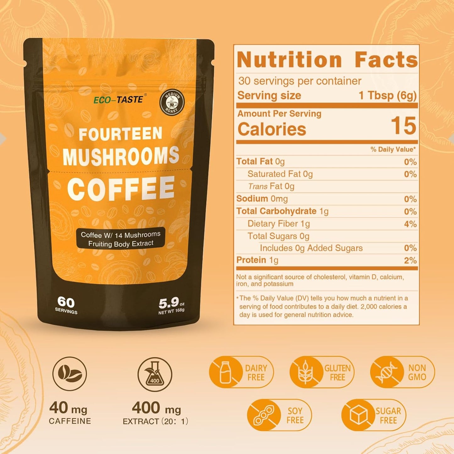 Mushrooms Coffee 14 in 1-60 Servings, Arabica Coffee with Lion's Mane, Reishi, Maitake, Turkey Tail, Chaga Fruiting Body Extract, 30% Beta-Glucan for Focus & Gut Health Support, 5.9oz