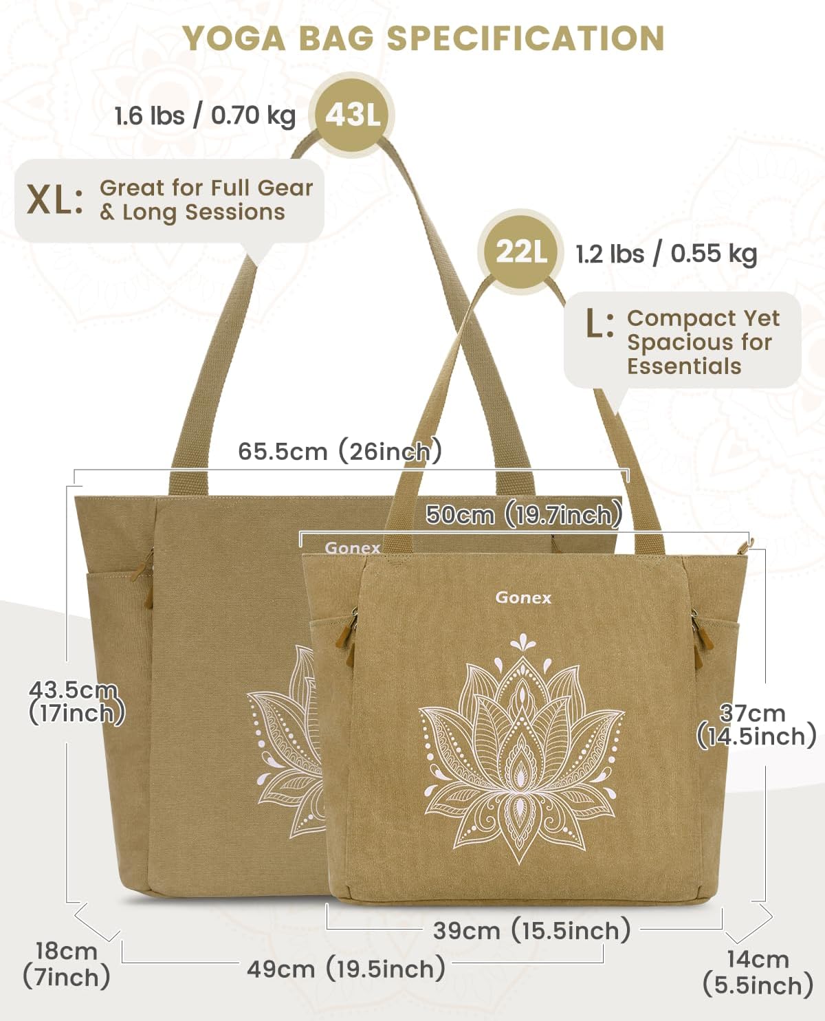 Gonex Yoga Mat Bag, Large Tote Bag with Multi Pockets for Women Men, Canvas Mat Carrier, Full Zipper Easy Access for Pilates Gym Travel