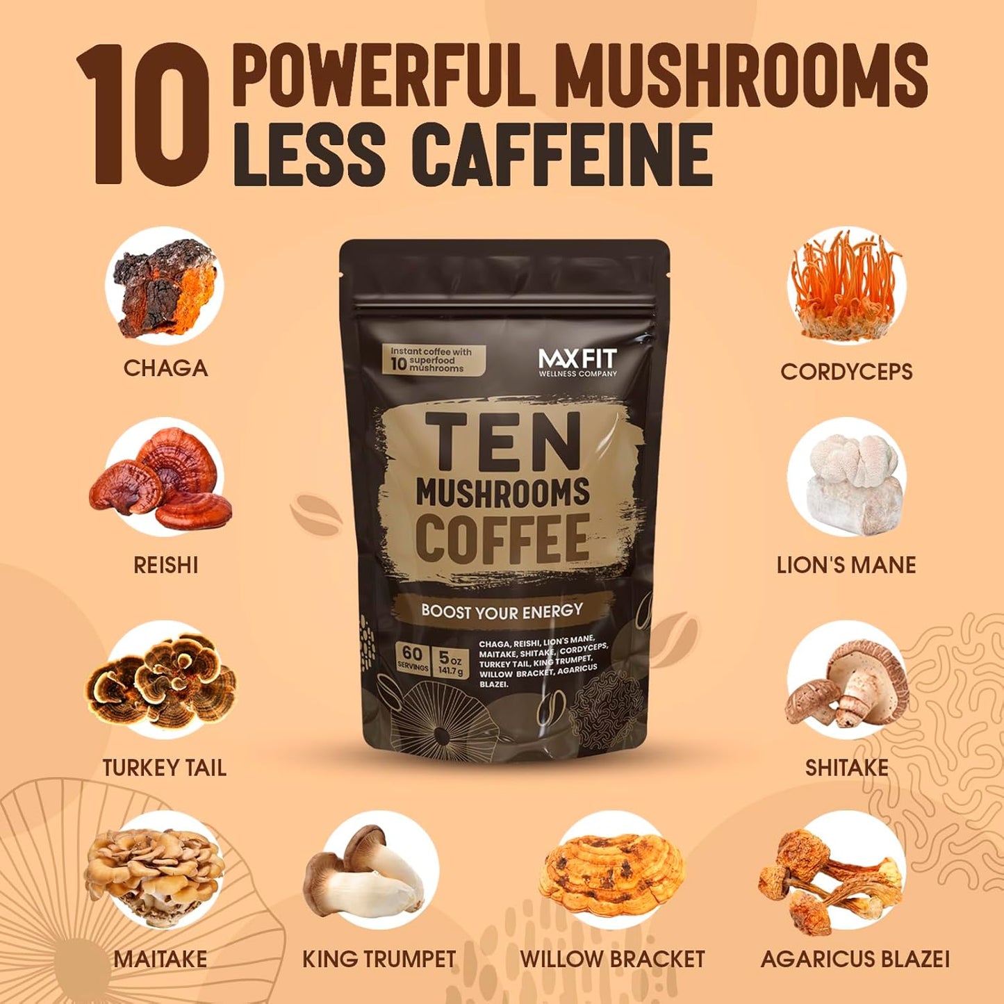 Mushroom Coffee (60 Servings) 10 Mushrooms (Lion’s Mane, Cordyceps, Turkey Tail & Other) Mixed With Gourmet Arabica Instant Immune Boosting Coffee for Focus & Gut Health Support