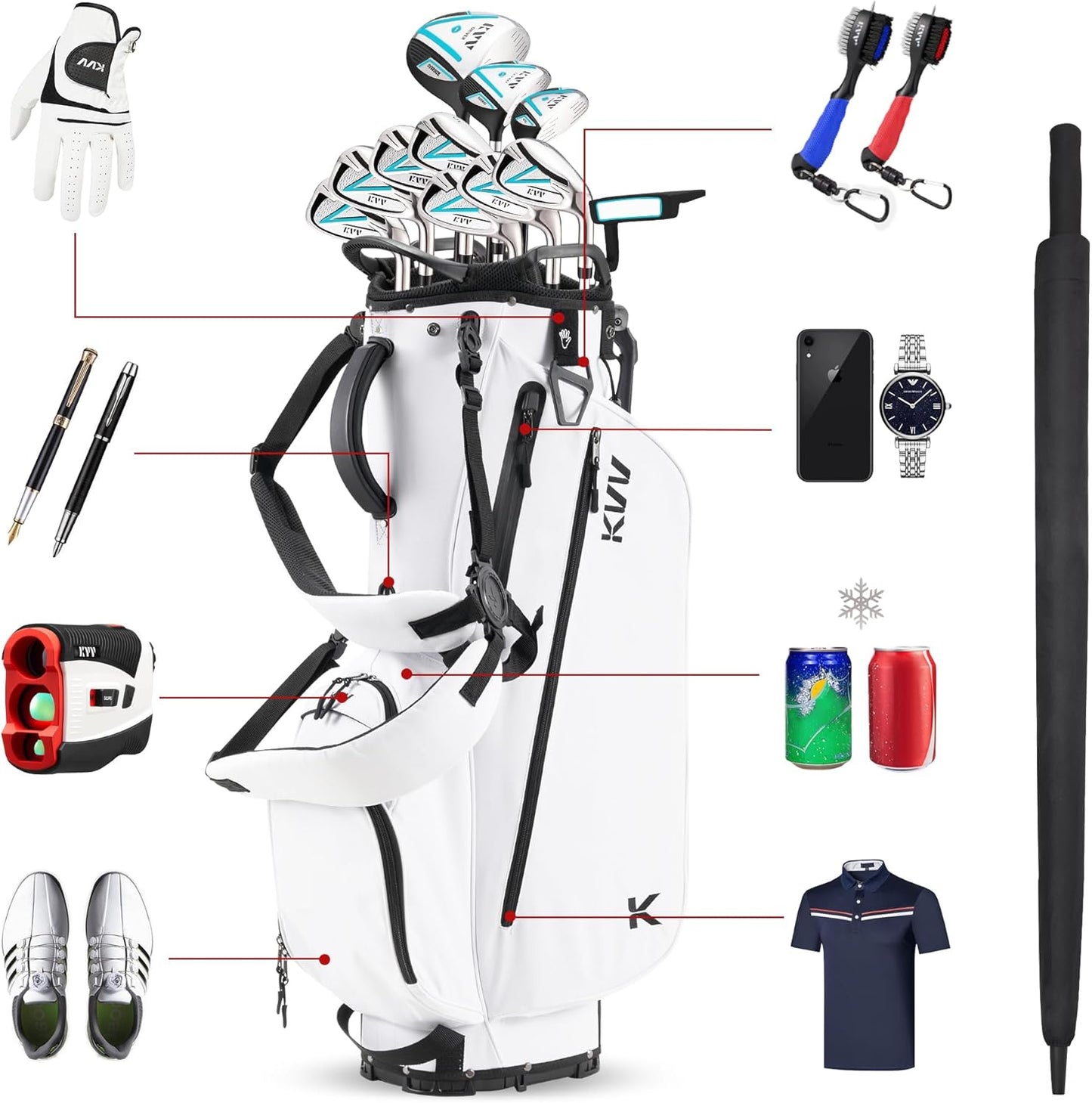 KVV Lightweight Golf Stand Bag with 7 Way Full-Length Dividers, 5 Zippered Pockets, Automatically Adjustable Dual Straps，Elegant Design