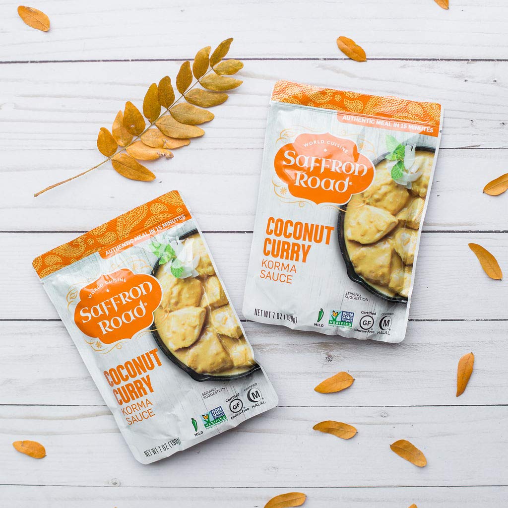 Saffron Road Coconut Curry Simmer Sauce | Globally Inspired Simmer Sauce | Gluten-free, Vegetarian, Non-GMO, and Certified Halal and Kosher | 7.0oz Pouch | Pack of 8